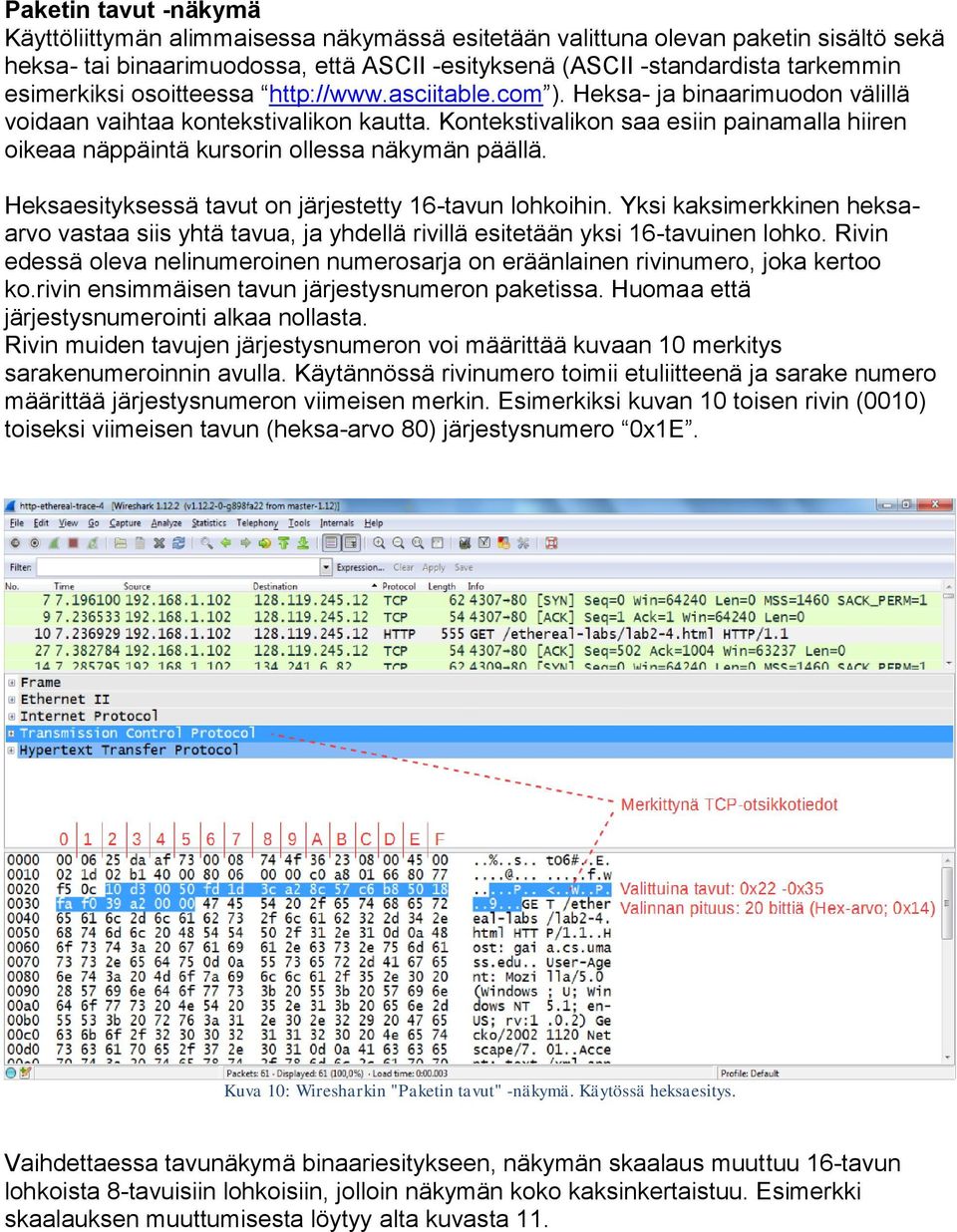 Kontekstivalikon saa esiin painamalla hiiren oikeaa näppäintä kursorin ollessa näkymän päällä. Heksaesityksessä tavut on järjestetty 16-tavun lohkoihin.