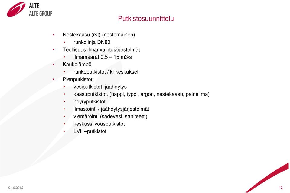 5 15 m3/s Kaukolämpö runkoputkistot / kl-keskukset Pienputkistot vesiputkistot, jäähdytys