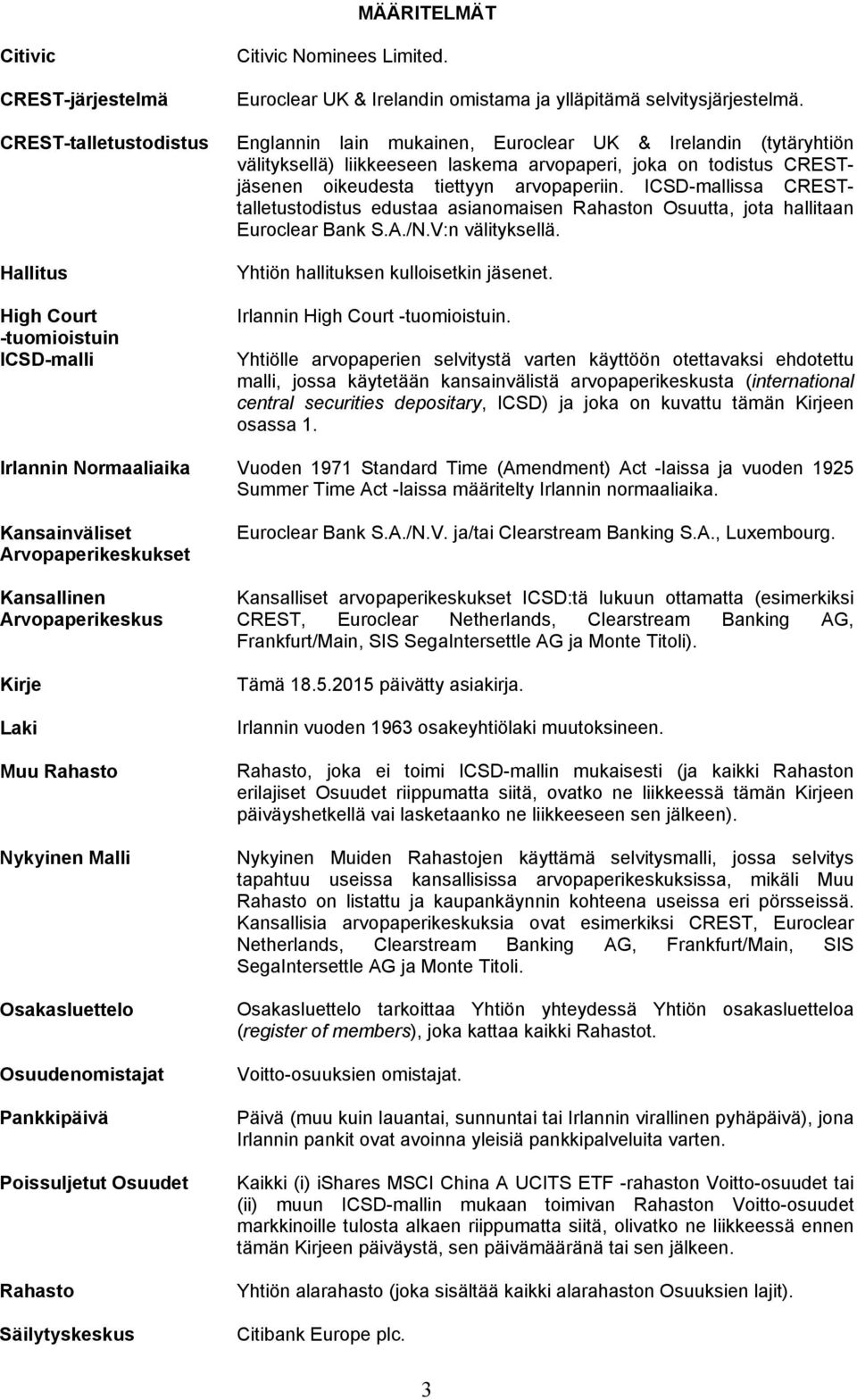 ICSD-mallissa CRESTtalletustodistus edustaa asianomaisen Rahaston Osuutta, jota hallitaan Euroclear Bank S.A./N.V:n välityksellä.