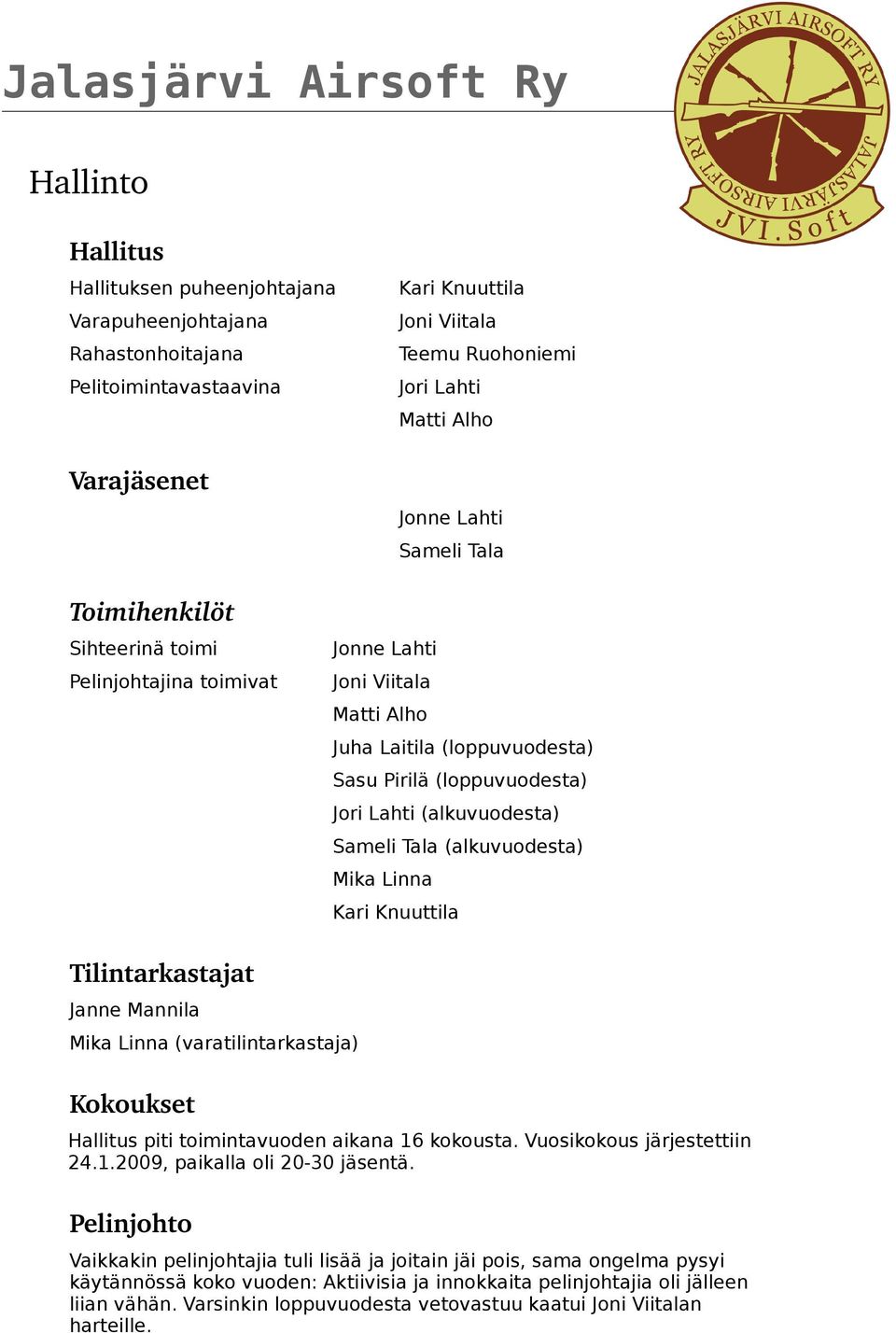 (alkuvuodesta) Mika Linna Kari Knuuttila Tilintarkastajat Janne Mannila Mika Linna (varatilintarkastaja) Kokoukset Hallitus piti toimintavuoden aikana 16 kokousta. Vuosikokous järjestettiin 24.1.2009, paikalla oli 20-30 jäsentä.