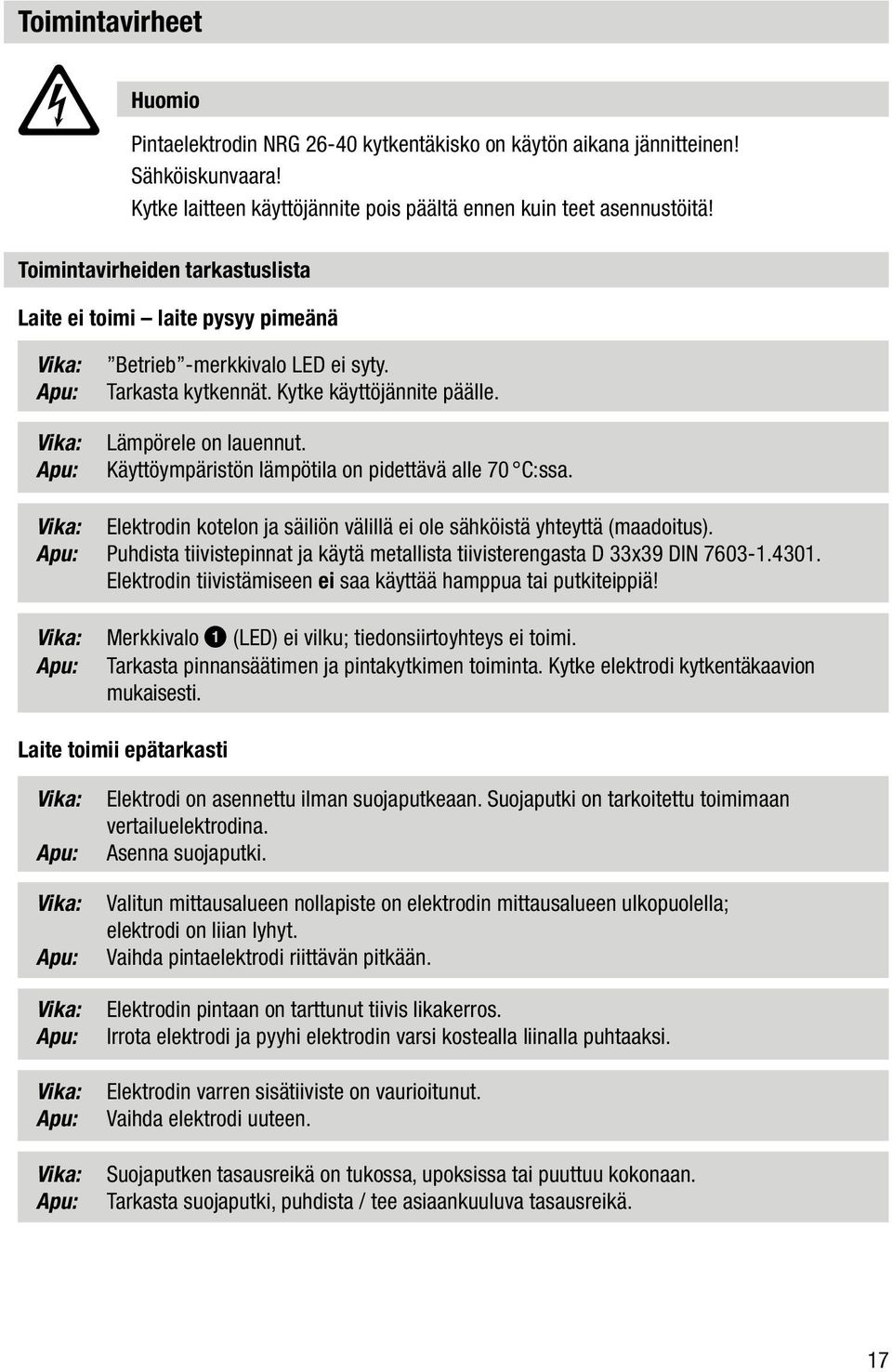 Käyttöympäristön lämpötila on pidettävä alle 70 C:ssa. Vika: Elektrodin kotelon ja säiliön välillä ei ole sähköistä yhteyttä (maadoitus).