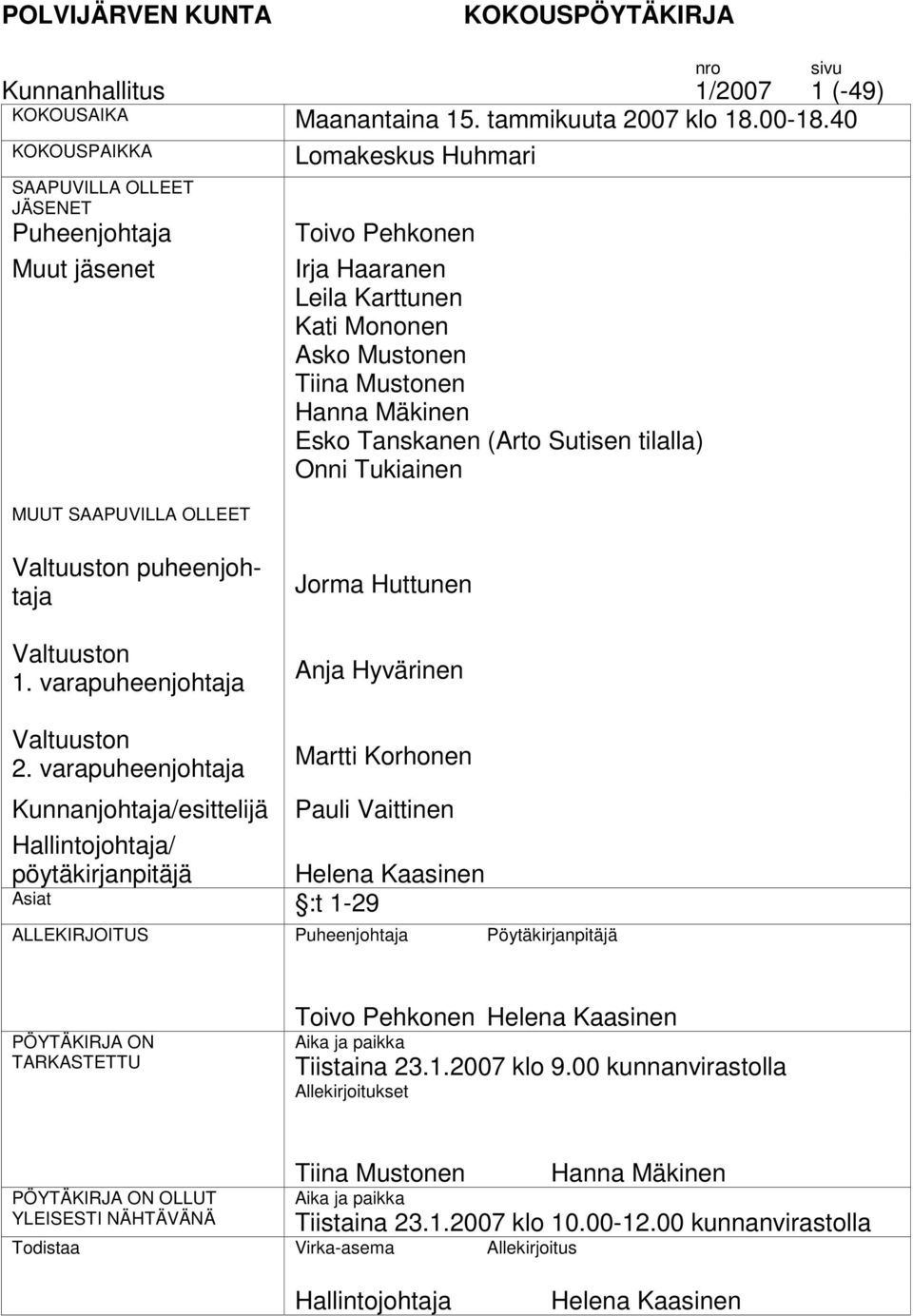 Hanna Mäkinen Esko Tanskanen (Arto Sutisen tilalla) Onni Tukiainen nro sivu n puheenjohtaja n 1. varapuheenjohtaja Jorma Huttunen Anja Hyvärinen n 2.