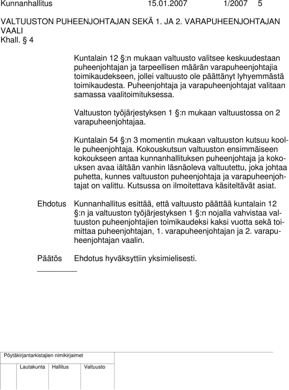 Puheenjohtaja ja varapuheenjohtajat valitaan samassa vaalitoimituksessa. n työjärjestyksen 1 :n mukaan valtuustossa on 2 varapuheenjohtajaa.