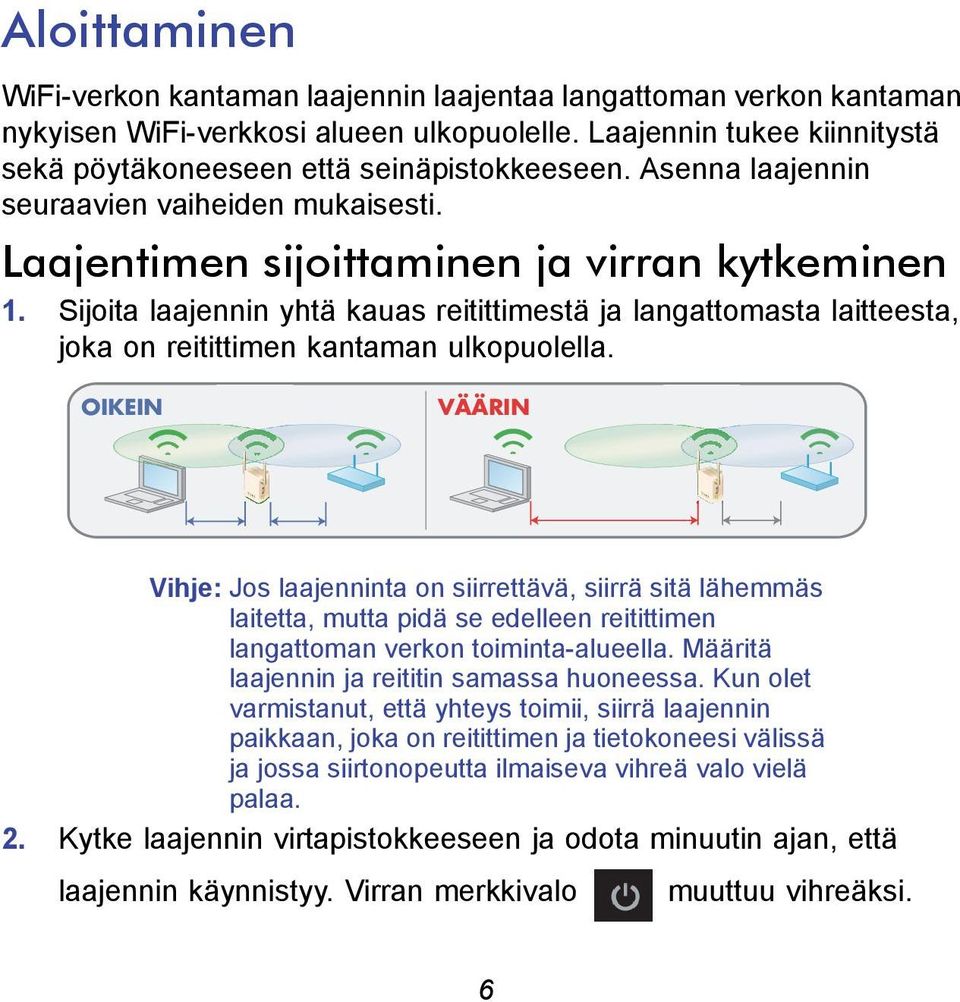 Sijoita laajennin yhtä kauas reitittimestä ja langattomasta laitteesta, joka on reitittimen kantaman ulkopuolella.