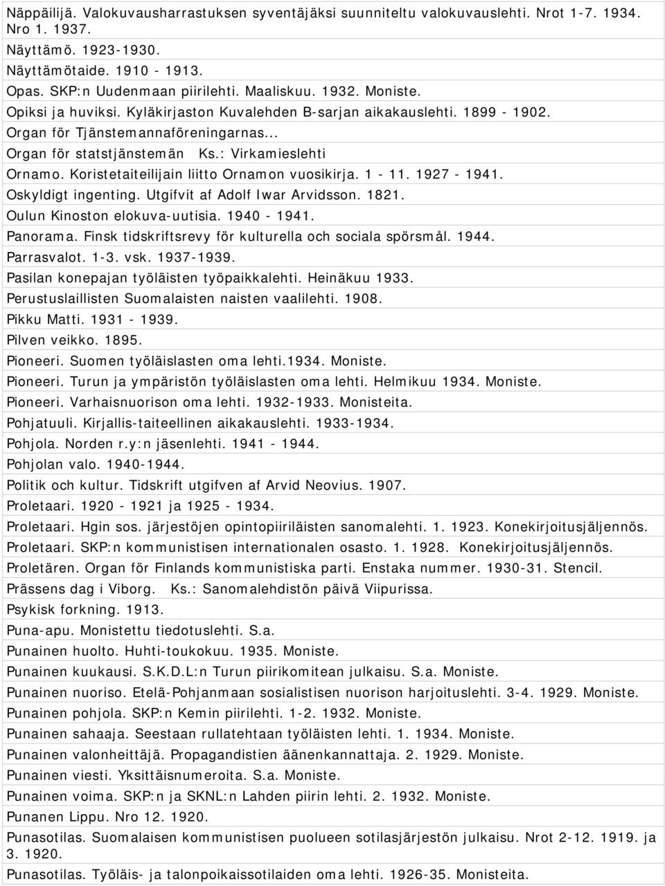 Koristetaiteilijain liitto Ornamon vuosikirja. 1-11. 1927-1941. Oskyldigt ingenting. Utgifvit af Adolf Iwar Arvidsson. 1821. Oulun Kinoston elokuva-uutisia. 1940-1941. Panorama.