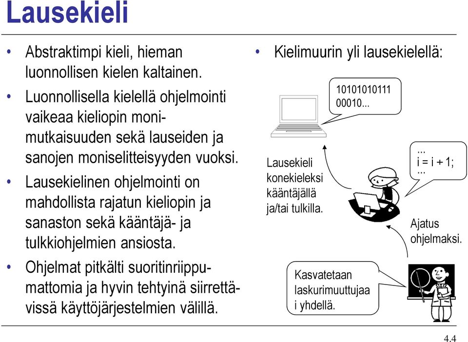 Lausekielinen ohjelmointi on mahdollista rajatun kieliopin ja sanaston sekä kääntäjä- ja tulkkiohjelmien ansiosta.