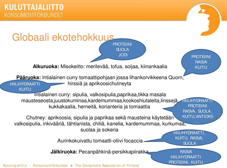 kukkakaalia, herneitä, korianteria ja tomaattia Chutney: aprikoosia, sipulia ja paprikaa sekä mausteina käytetään valkosipulia, inkivääriä, tähtianista, chiliä,