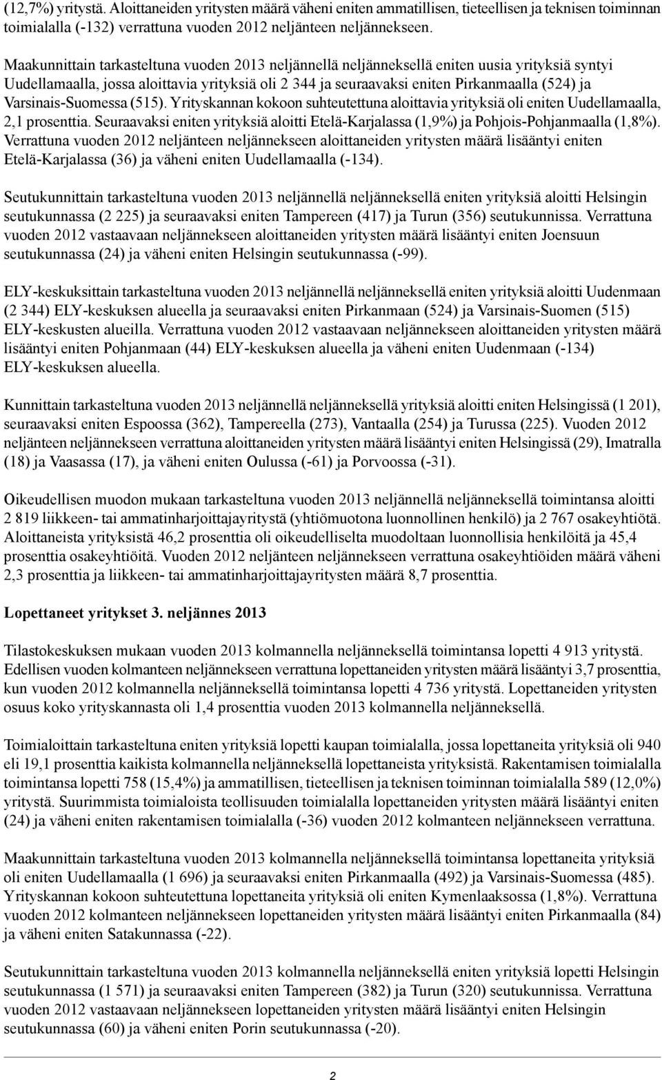 Varsinais-Suomessa (515). Yrityskannan kokoon suhteutettuna aloittavia yrityksiä oli eniten Uudellamaalla, 2,1 prosenttia.