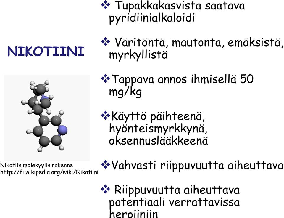 org/wiki/nikotiini Tappava annos ihmisellä 50 mg/kg Käyttö päihteenä,