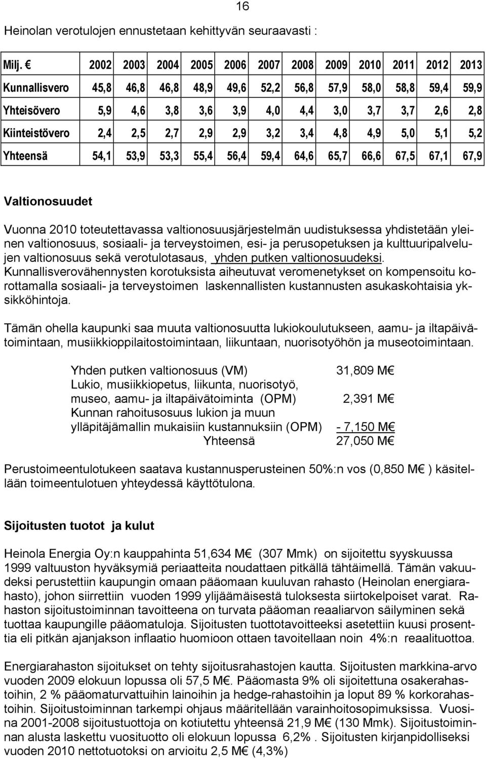 Kiinteistövero 2,4 2,5 2,7 2,9 2,9 3,2 3,4 4,8 4,9 5,0 5,1 5,2 Yhteensä 54,1 53,9 53,3 55,4 56,4 59,4 64,6 65,7 66,6 67,5 67,1 67,9 Valtionosuudet Vuonna 2010 toteutettavassa valtionosuusjärjestelmän