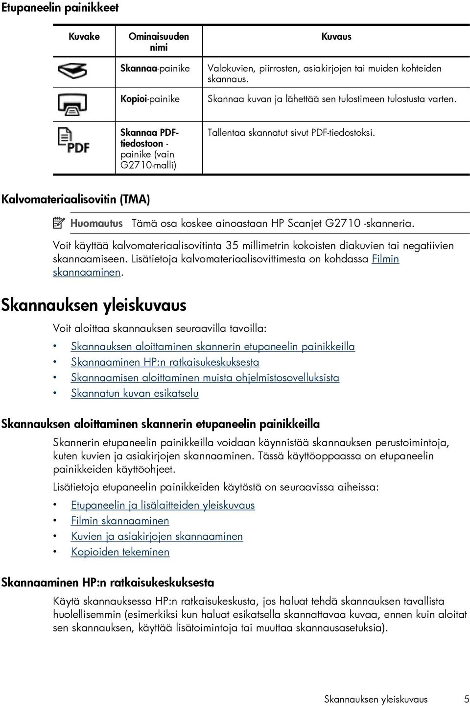 Kalvomateriaalisovitin (TMA) Huomautus Tämä osa koskee ainoastaan HP Scanjet G2710 -skanneria. Voit käyttää kalvomateriaalisovitinta 35 millimetrin kokoisten diakuvien tai negatiivien skannaamiseen.