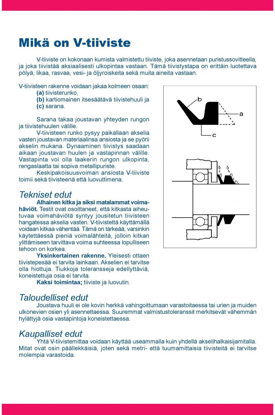 V-tiivisteen rakenne voidaan jakaa kolmeen osaan: (a) tiivisterunko, (b) kartiomainen itsesäätävä tiivistehuuli ja (c) sarana. Sarana takaa joustavan yhteyden rungon ja tiivistehuulen välille.