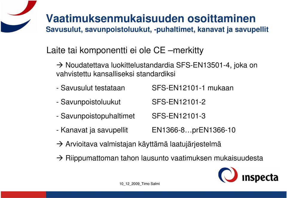 testataan SFS-EN12101-1 mukaan - Savunpoistoluukut SFS-EN12101-2 - Savunpoistopuhaltimet SFS-EN12101-3 - Kanavat ja