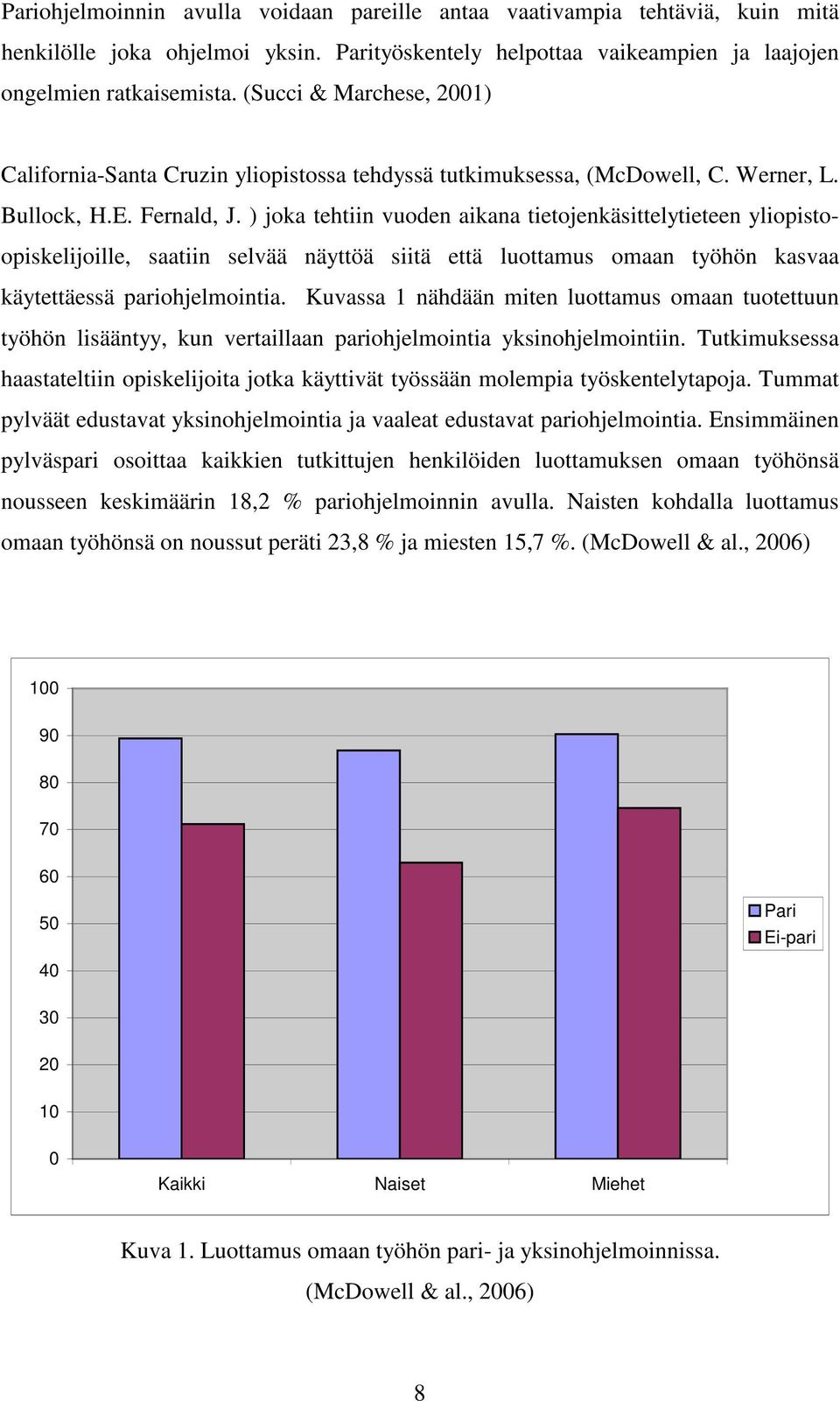 ) joka tehtiin vuoden aikana tietojenkäsittelytieteen yliopistoopiskelijoille, saatiin selvää näyttöä siitä että luottamus omaan työhön kasvaa käytettäessä pariohjelmointia.