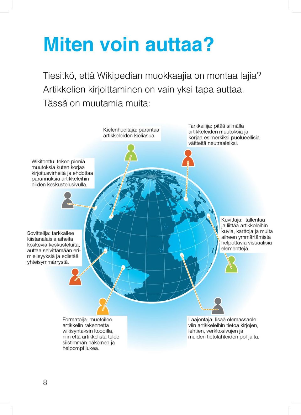 Wikitonttu: tekee pieniä muutoksia kuten korjaa kirjoitusvirheitä ja ehdottaa parannuksia artikkeleihin niiden keskustelusivulla.