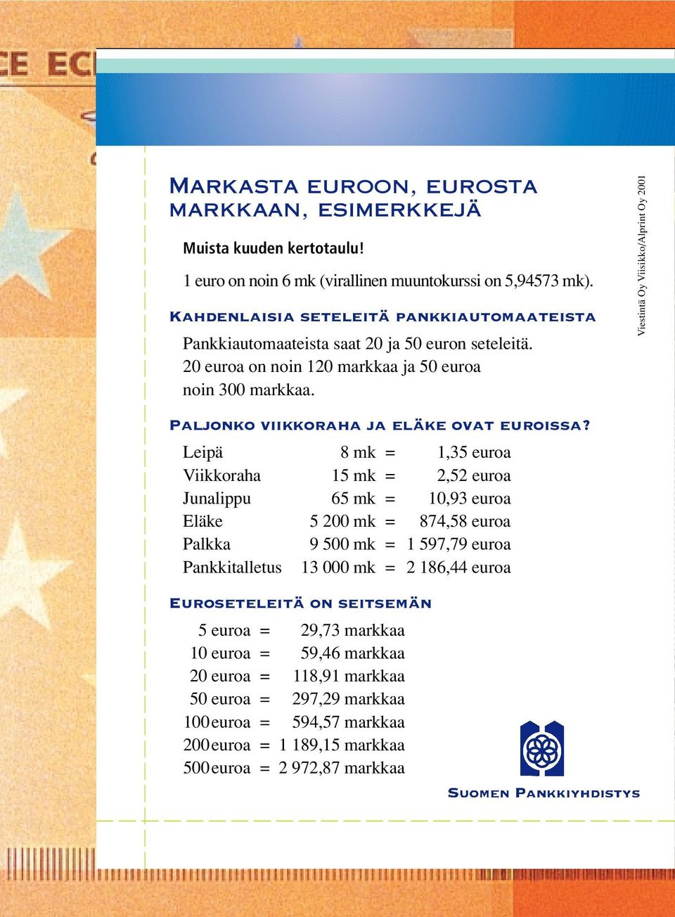 Paljonko viikkoraha ja eläke ovat euroissa?