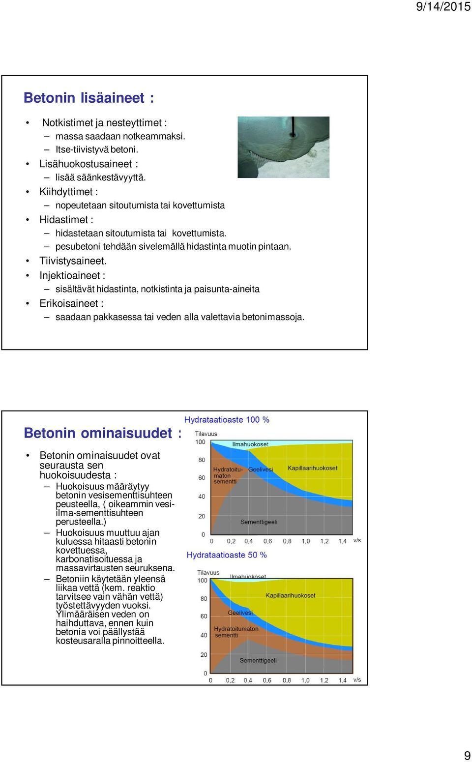 Injektioaineet : sisältävät hidastinta, notkistinta ja paisunta-aineita Erikoisaineet : saadaan pakkasessa tai veden alla valettavia betonimassoja.