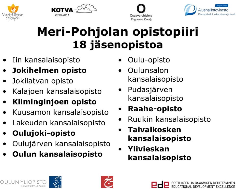 Oulujoki-opisto Oulujärven kansalaisopisto Oulun kansalaisopisto Oulu-opisto Oulunsalon kansalaisopisto