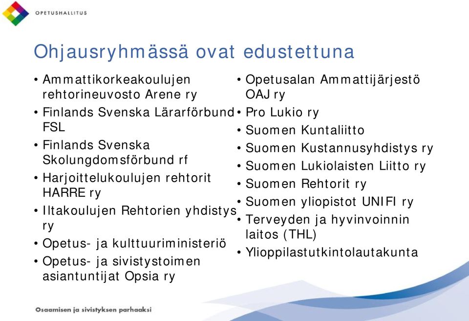 Kuntaliitto Suomen Kustannusyhdistys ry Suomen Lukiolaisten Liitto ry Harjoittelukoulujen rehtorit Suomen Rehtorit ry HARRE ry Suomen