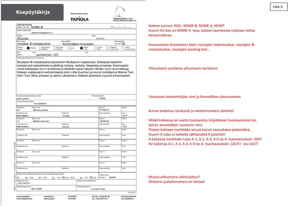 ylituomarin kertomus Vastaavan koetoimitsijan nimi ja Kennelliiton jäsennumero Koiran tiedoissa rotukoodi ja rekisterinumero tärkeitä!