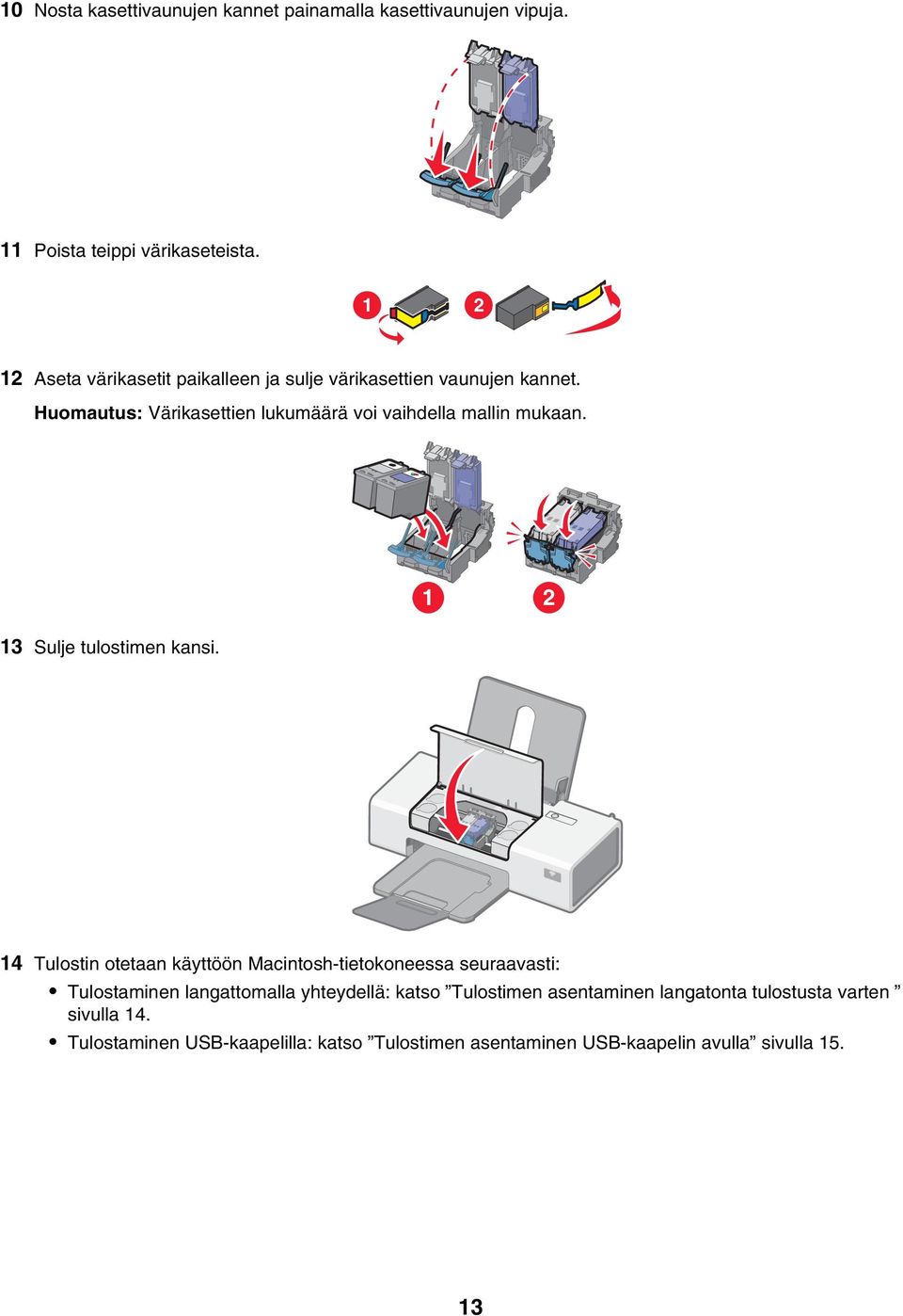 Huomautus: Värikasettien lukumäärä voi vaihdella mallin mukaan. 1 2 13 Sulje tulostimen kansi.