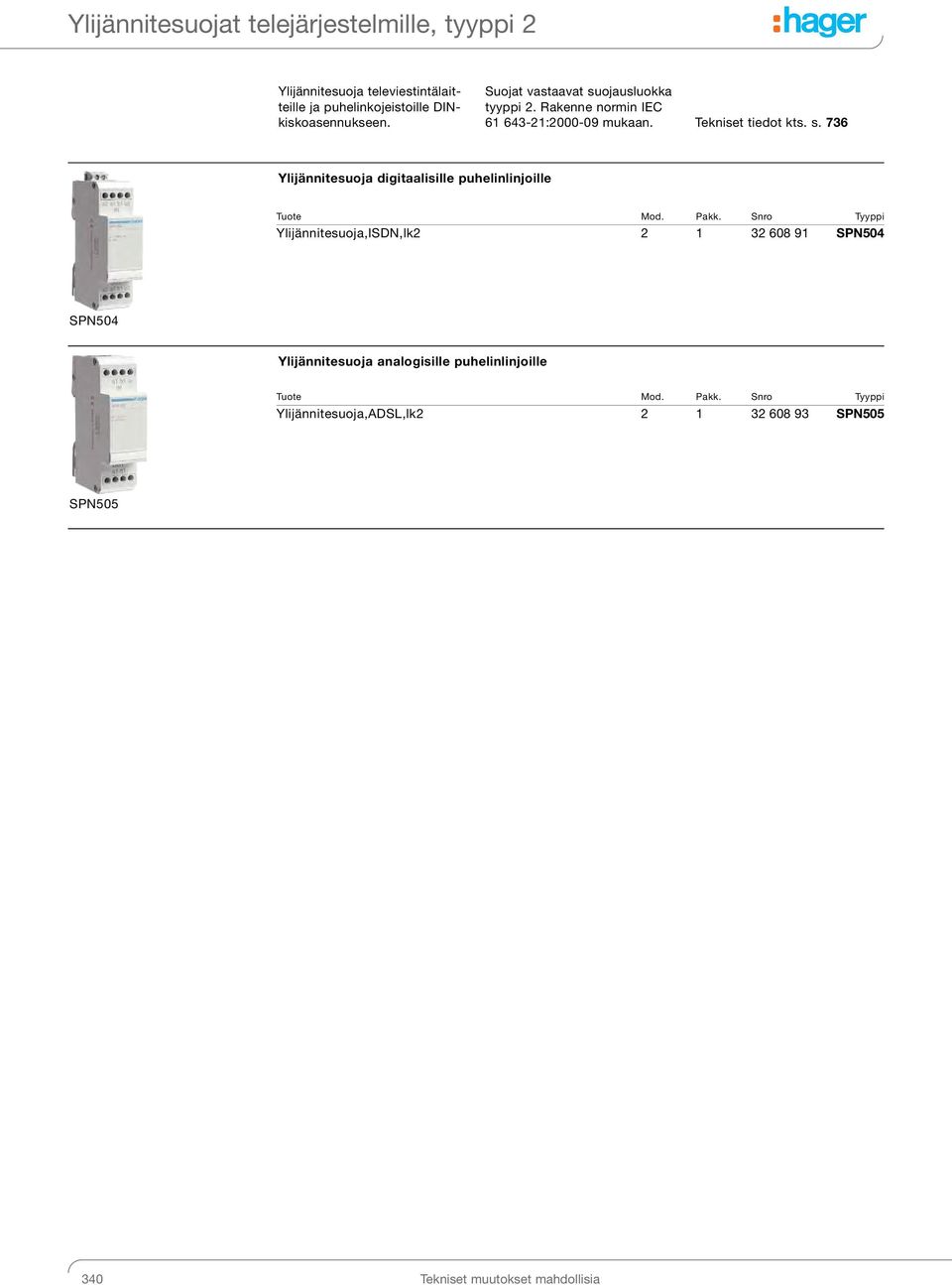 Pakk. Snro Tyyppi Ylijännitesuoja,ISDN,lk2 2 1 32 608 91 SPN504 SPN504 Ylijännitesuoja analogisille puhelinlinjoille Mod. Pakk.