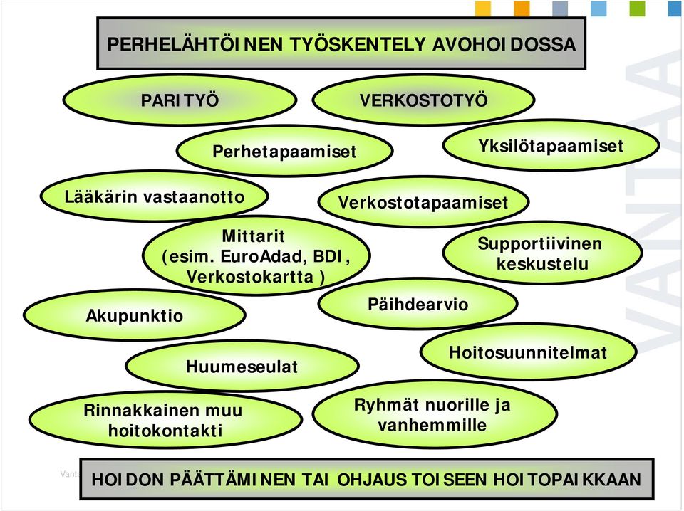 EuroAdad, BDI, Verkostokartta ) Päihdearvio Supportiivinen keskustelu Huumeseulat Rinnakkainen muu