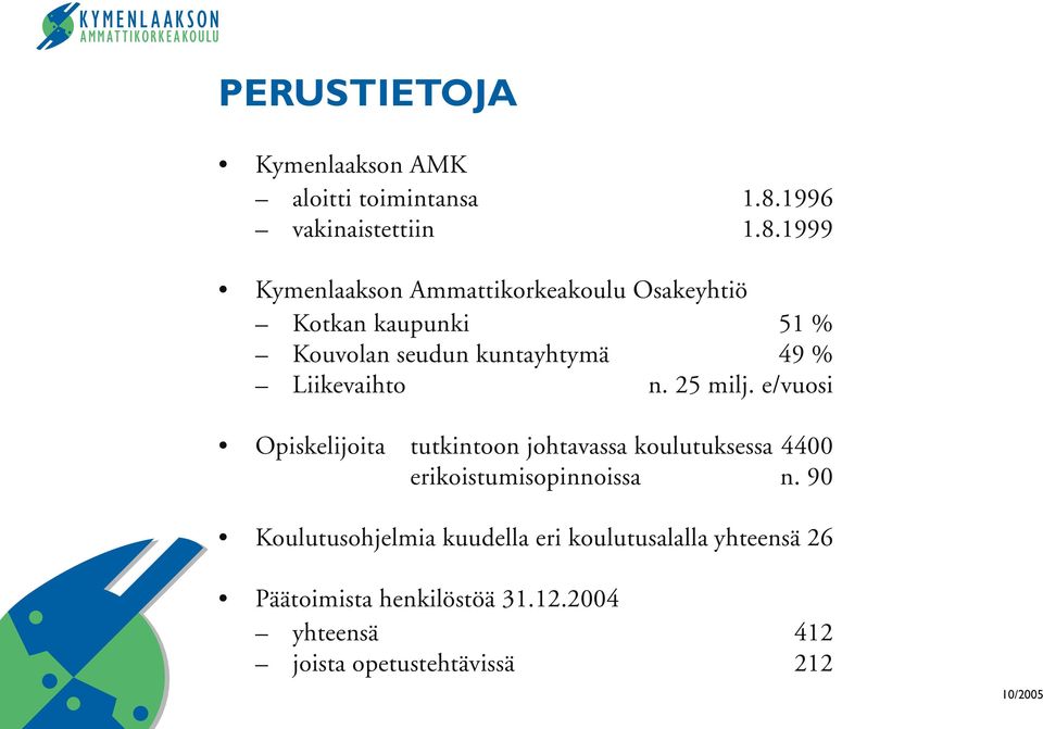 1999 Kymenlaakson Ammattikorkeakoulu Osakeyhtiö Kotkan kaupunki 51 % Kouvolan seudun kuntayhtymä 49 %