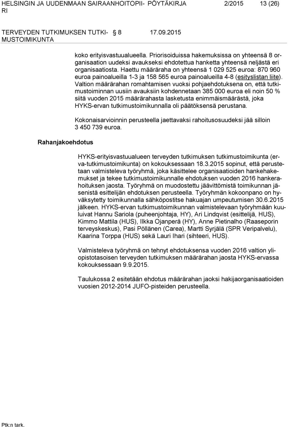 Haettu määräraha on yhteensä 1 029 525 euroa: 870 960 euroa painoalueilla 1-3 ja 158 565 euroa painoalueilla 4-8 (esityslistan liite).