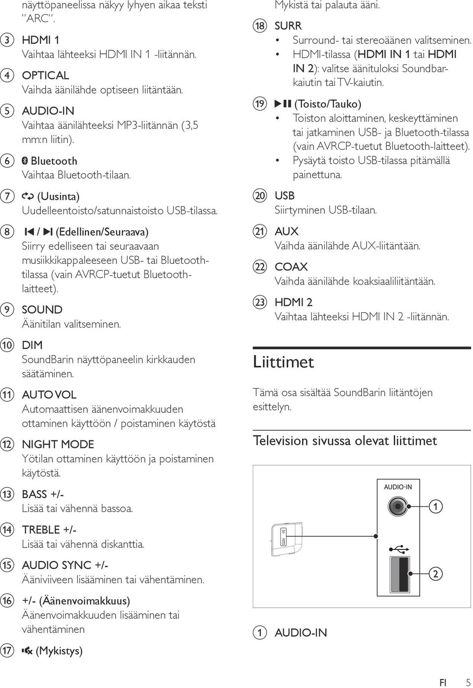 h / (Edellinen/Seuraava) Siirry edelliseen tai seuraavaan musiikkikappaleeseen USB- tai Bluetoothtilassa (vain AVRCP-tuetut Bluetoothlaitteet). i SOUND Äänitilan valitseminen.