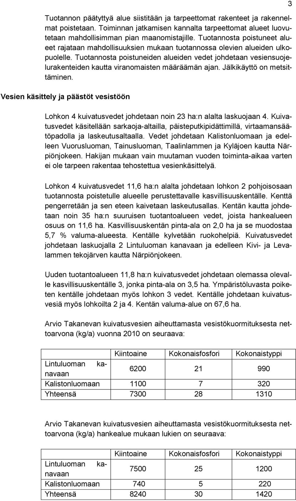 Tuotannosta poistuneiden alueiden vedet johdetaan vesiensuojelurakenteiden kautta viranomaisten määräämän ajan. Jälkikäyttö on metsittäminen.