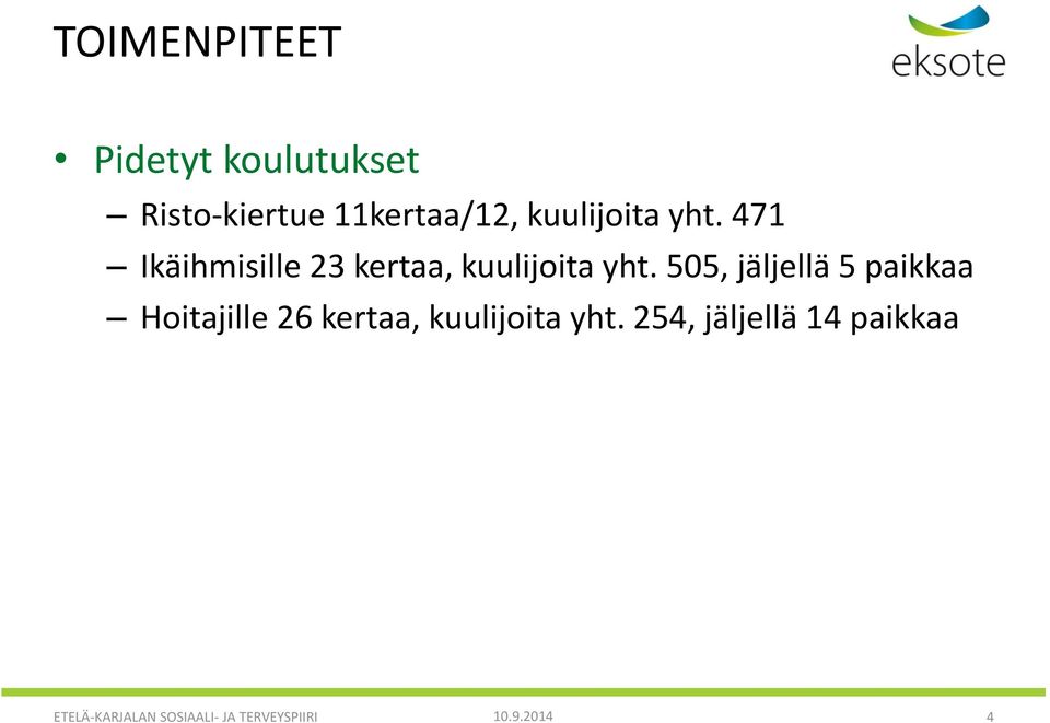 505, jäljellä 5 paikkaa Hoitajille 26 kertaa, kuulijoita yht.