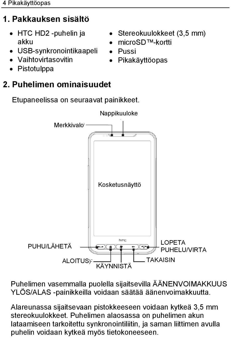 Puhelimen ominaisuudet Etupaneelissa on seuraavat painikkeet.
