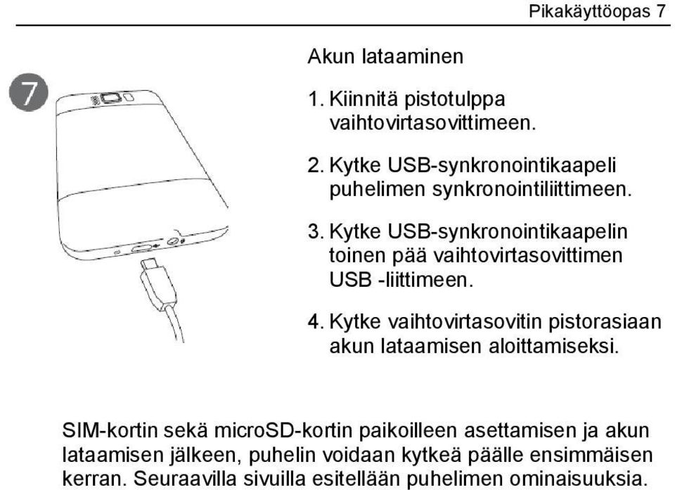 Kytke USB-synkronointikaapelin toinen pää vaihtovirtasovittimen USB -liittimeen. 4.