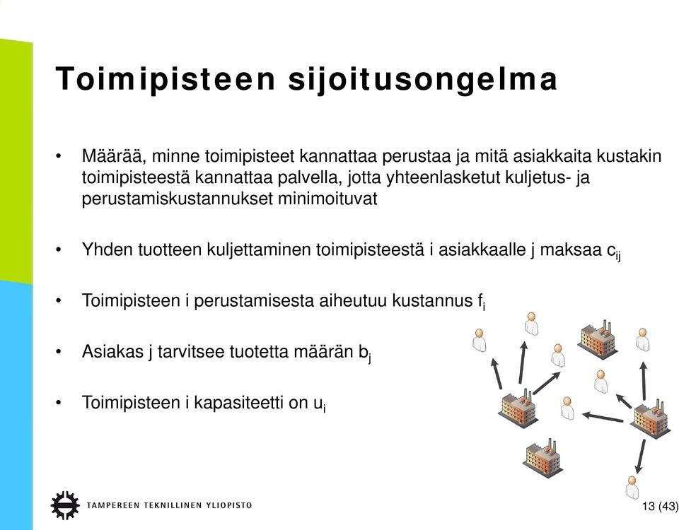 minimoituvat Yhden tuotteen kuljettaminen toimipisteestä i asiakkaalle j maksaa c ij Toimipisteen i