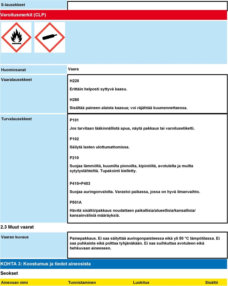 P210 Suojaa lämmöltä, kuumilta pinnoilta, kipinöiltä, avotulelta ja muilta sytytyslähteiltä. Tupakointi kielletty. P410+P403 Suojaa auringonvalolta. Varastoi paikassa, jossa on hyvä ilmanvaihto.