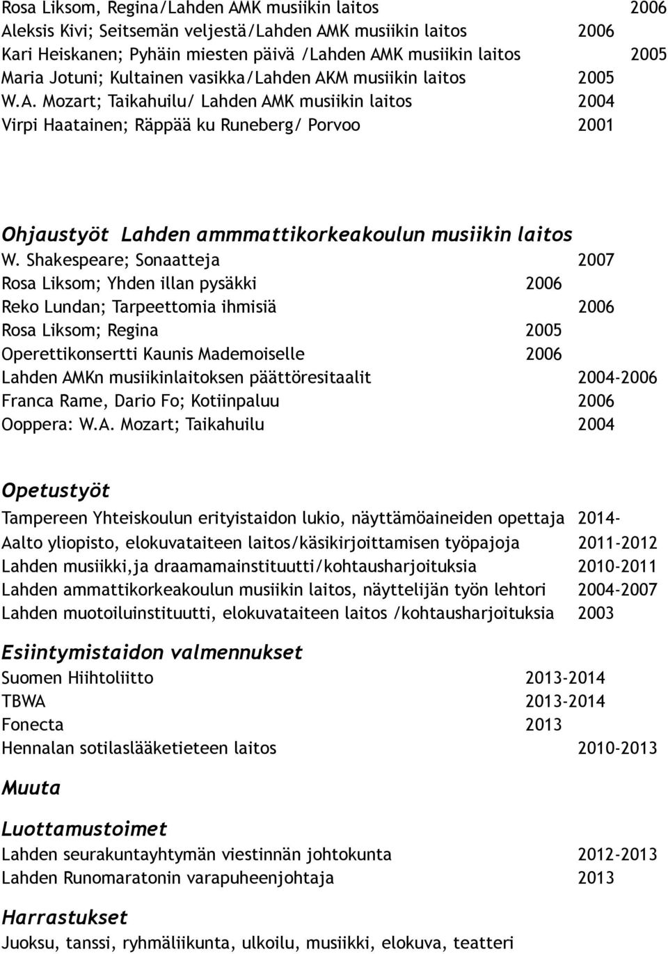 Shakespeare; Sonaatteja 2007 Rosa Liksom; Yhden illan pysäkki 2006 Reko Lundan; Tarpeettomia ihmisiä 2006 Rosa Liksom; Regina 2005 Operettikonsertti Kaunis Mademoiselle 2006 Lahden AMKn