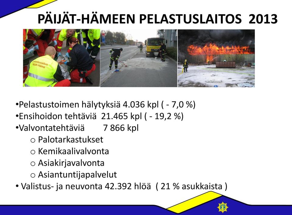 465 kpl ( - 19,2 %) Valvontatehtäviä 7 866 kpl o Palotarkastukset o