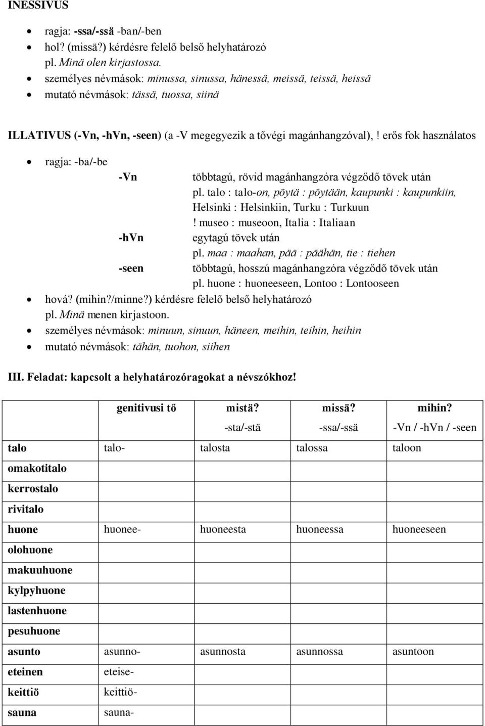 erős fok használatos ragja: -ba/-be -Vn többtagú, rövid magánhangzóra végződő tövek után pl. talo : talo-on, pöytä : pöytään, kaupunki : kaupunkiin, Helsinki : Helsinkiin, Turku : Turkuun!