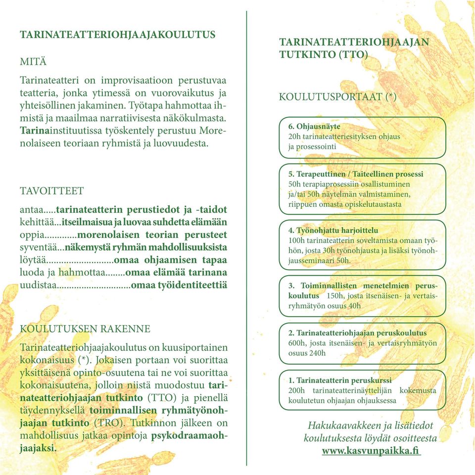 TARINATEATTERIOHJAAJAN TUTKINTO (TTO) KOULUTUSPORTAAT (*) 6. Ohjausnäyte 20h tarinateatteriesityksen ohjaus ja prosessointi TAVOITTEET antaa...tarinateatterin perustiedot ja -taidot kehittää.