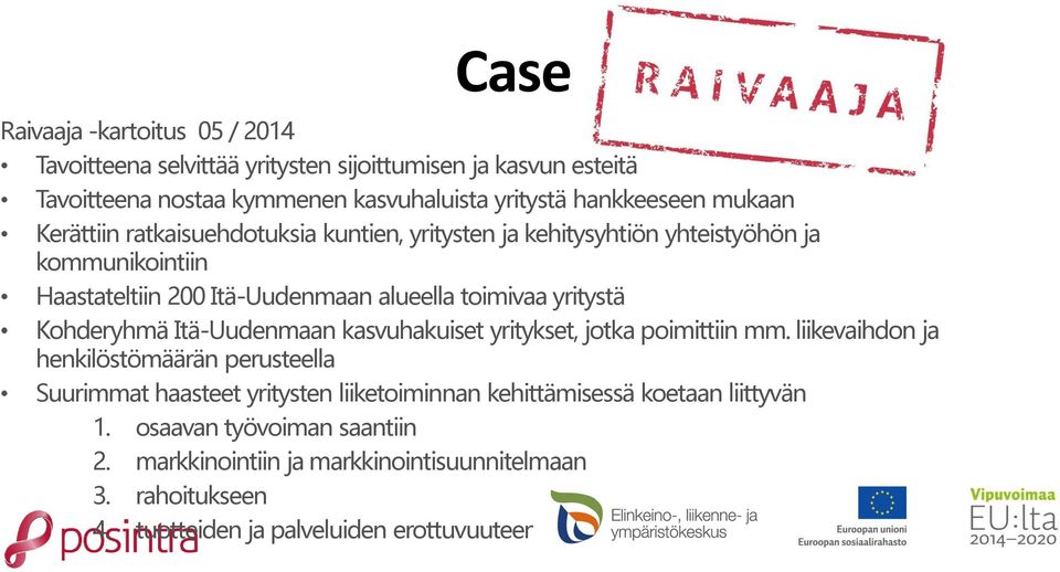 Kohderyhmä Itä-Uudenmaan kasvuhakuiset yritykset, jotka poimittiin mm.