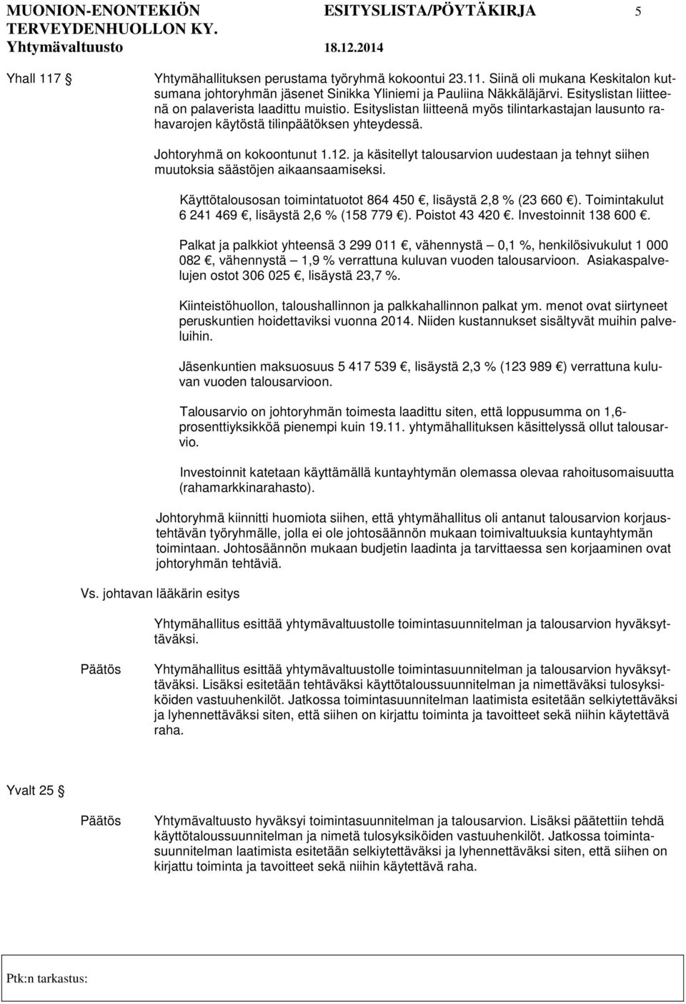 ja käsitellyt talousarvion uudestaan ja tehnyt siihen muutoksia säästöjen aikaansaamiseksi. Käyttötalousosan toimintatuotot 864 450, lisäystä 2,8 % (23 660 ).