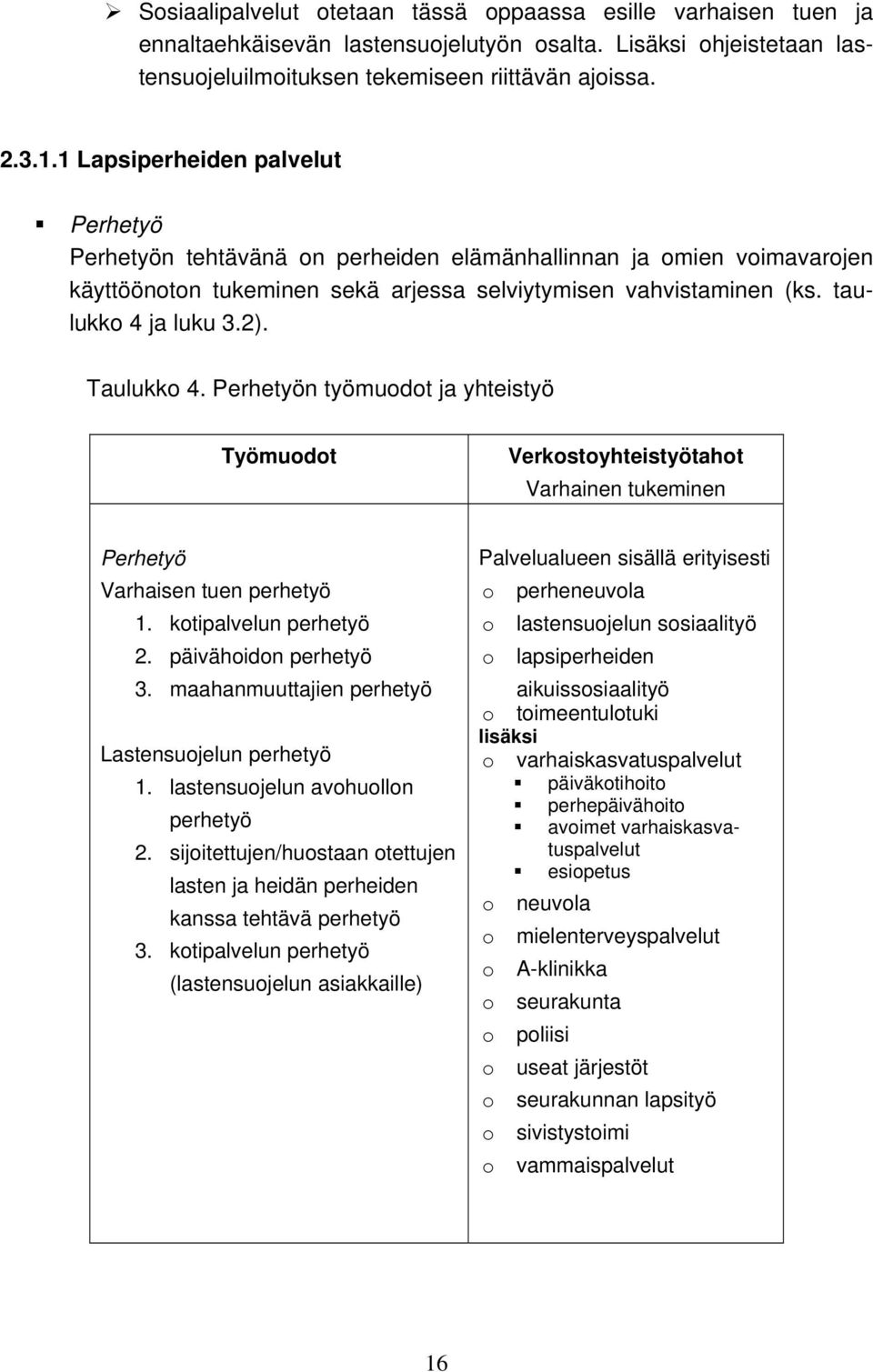 Taulukk 4. Perhetyön työmudt ja yhteistyö Työmudt Verkstyhteistyötaht Varhainen tukeminen Perhetyö Varhaisen tuen perhetyö 1. ktipalvelun perhetyö 2. päivähidn perhetyö 3.