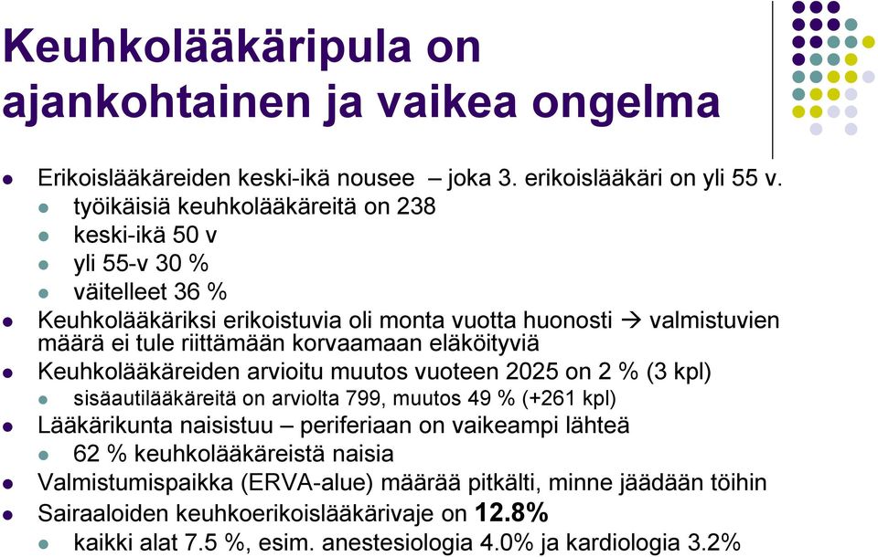 korvaamaan eläköityviä Keuhkolääkäreiden arvioitu muutos vuoteen 2025 on 2 % (3 kpl) sisäautilääkäreitä on arviolta 799, muutos 49 % (+261 kpl) Lääkärikunta naisistuu