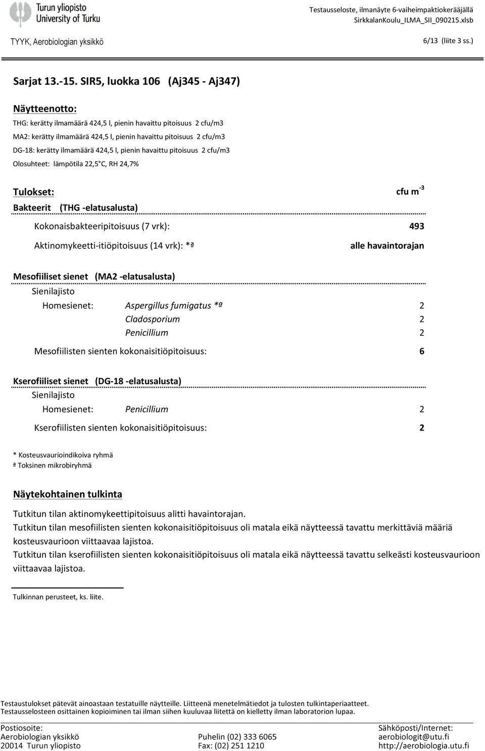 ilmamäärä 424,5 l, pienin havaittu pitoisuus 2 cfu/m3 Olosuhteet: lämpötila 22,5 C, RH 24,7% Tulokset: Bakteerit (THG - elatusalusta) cfu m - 3 Kokonaisbakteeripitoisuus (7 vrk): 493 Aktinomykeetti-