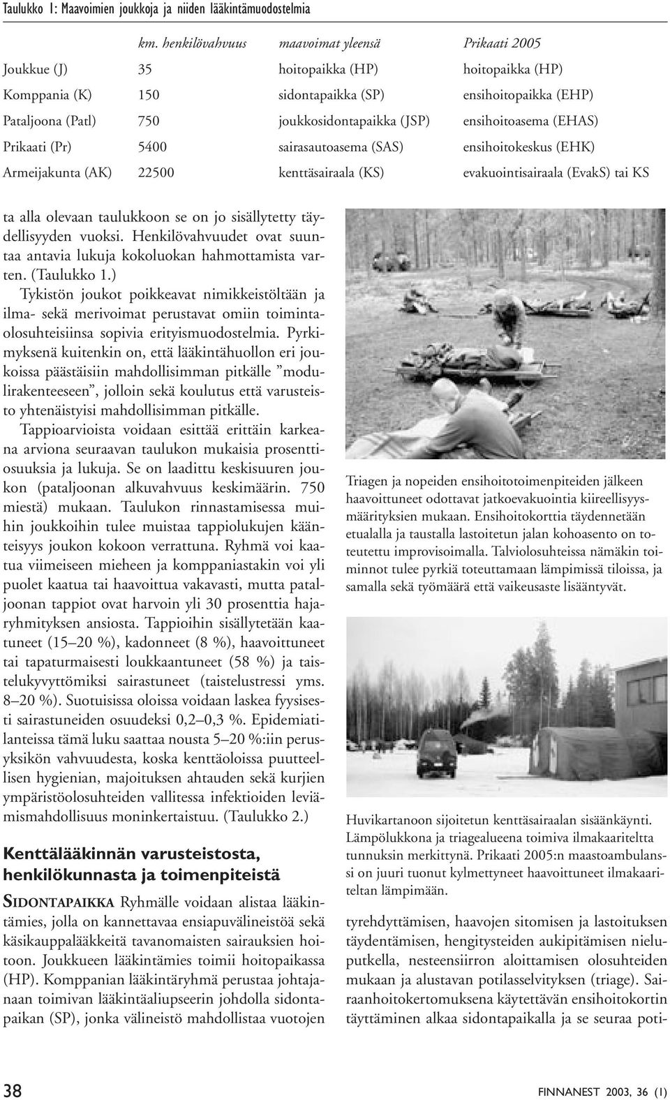 (JSP) ensihoitoasema (EHAS) Prikaati (Pr) 5400 sairasautoasema (SAS) ensihoitokeskus (EHK) Armeijakunta (AK) 22500 kenttäsairaala (KS) evakuointisairaala (EvakS) tai KS ta alla olevaan taulukkoon se