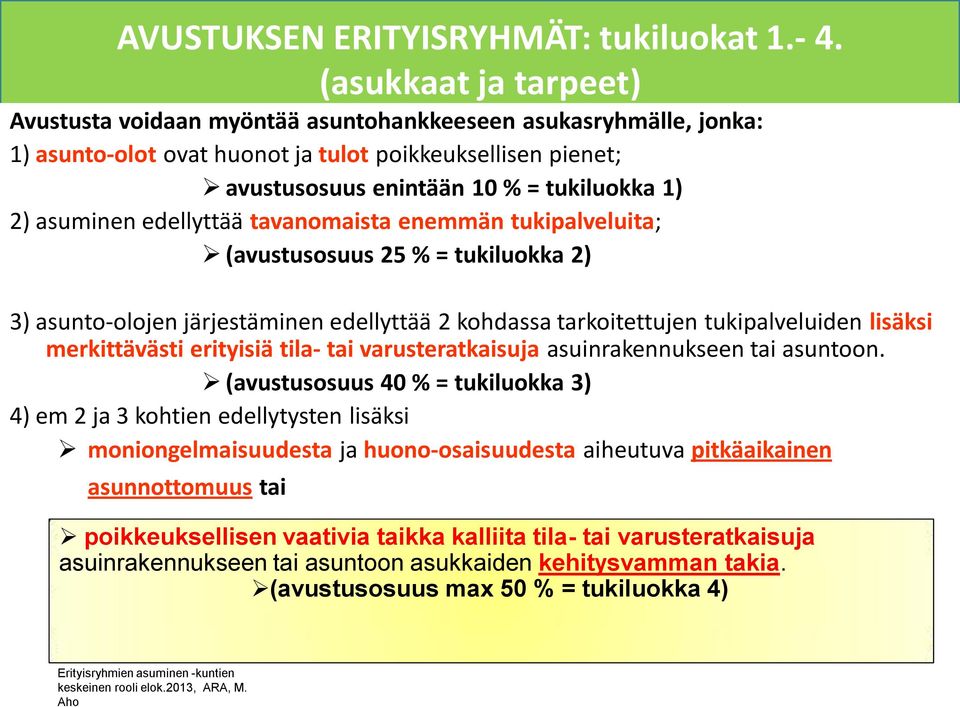 asuminen edellyttää tavanomaista enemmän tukipalveluita; (avustusosuus 25 % = tukiluokka 2) 3) asunto-olojen järjestäminen edellyttää 2 kohdassa tarkoitettujen tukipalveluiden lisäksi merkittävästi