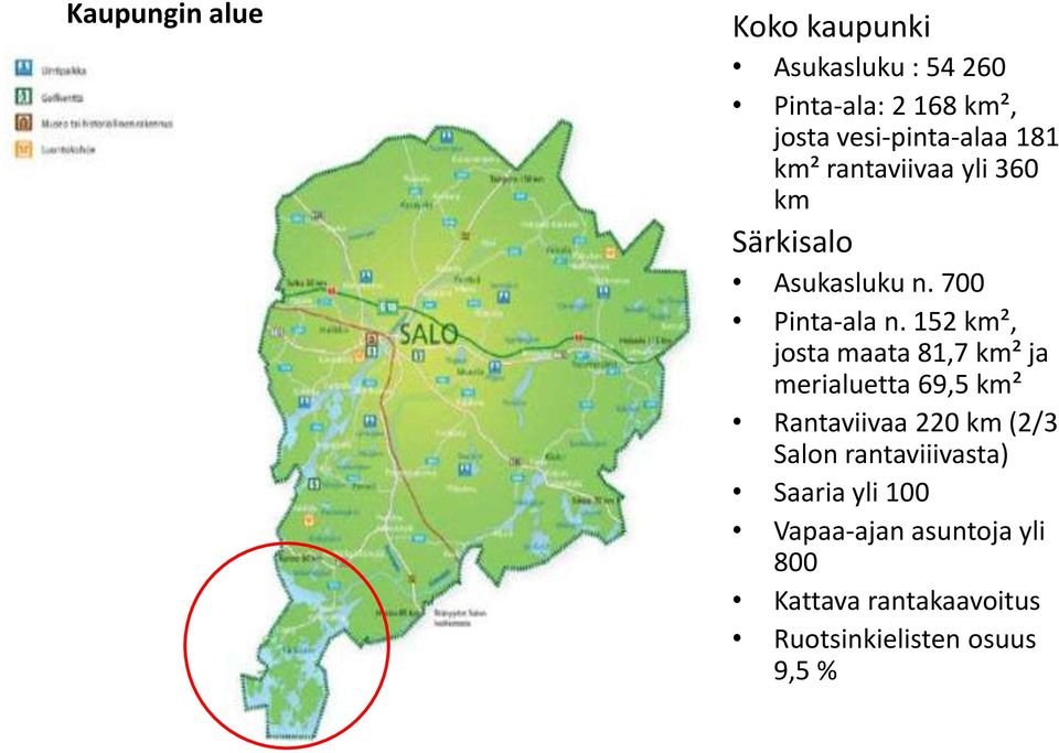 152 km², josta maata 81,7 km² ja merialuetta 69,5 km² Rantaviivaa 220 km (2/3 Salon