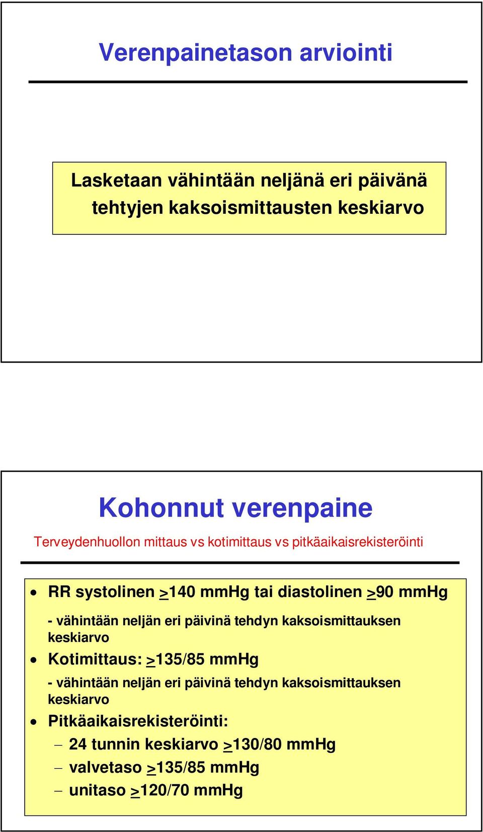 vähintään neljän eri päivinä tehdyn kaksoismittauksen keskiarvo Kotimittaus: >135/85 mmhg - vähintään neljän eri päivinä