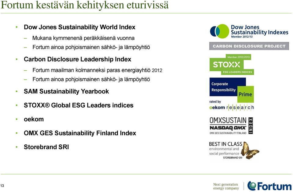 Fortum maailman kolmanneksi paras energiayhtiö 2012 Fortum ainoa pohjoismainen sähkö- ja lämpöyhtiö SAM